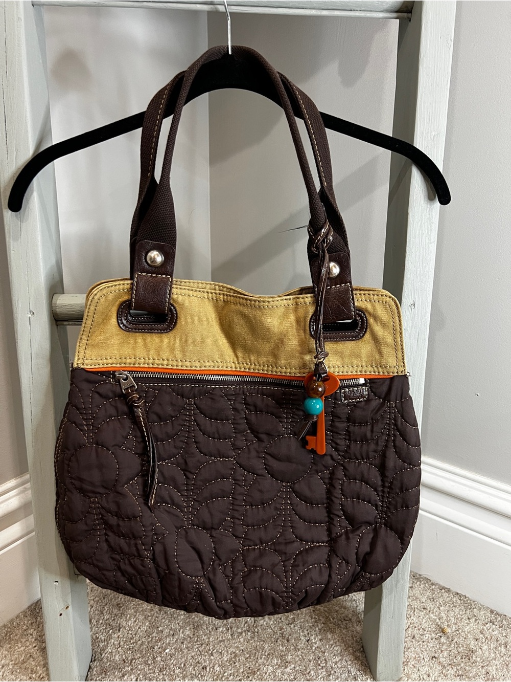Fossil Brown Quilted Shoulder Bag with Tan Top and Key Charm